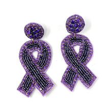 Load image into Gallery viewer, Purple ribbon Beaded Earrings, beaded purple Earrings, Purple Earrings, cancer awareness Beaded Earrings, pancreatic ribbon earrings, pancreatic awareness earrings, pancreatic cancer ribbon earrings, cancer awareness earrings, Beaded earrings, pancreatic cancer ribbon earrings, purple bead earrings, ribbon accessories, pancreatic cancer awareness accessories, support cancer awareness earrings, gifts for mom, best friend gifts, birthday gifts, purple earrings, purple beaded earrings, support cancer awareness