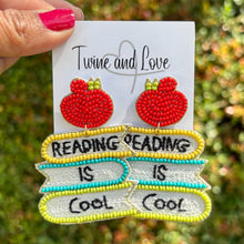 Load image into Gallery viewer, custom beaded Earrings, teacher jeweled Earrings, Reading Beaded Earrings, teacher earrings, teacher jeweled earrings, handmade earrings, custom earrings, bejeweled accessories, teacher jewelry accessories, teacher appreciation gift, teacher gifts, birthday gifts, bohemian earrings, luxurious handmade accessories, party earrings, teacher appreciation week gifts, teaching earrings, rhinestone earrings, embellished earrings, party earrings, statement earrings, best selling items, lightweight earrings