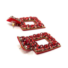 Load image into Gallery viewer, custom beaded Earrings, red jeweled Earrings, red Beaded Earrings, boho earrings, red jeweled earrings, handmade earrings, custom earrings, party accessories, fancy accessories, red embellished earrings, custom earrings, best friend gifts, birthday gifts, bohemian earrings, luxurious handmade accessories, night jewelry, Fancy earrings, boho earrings, beaded earrings, Fancy jeweled earrings, statement earrings, best selling items, statement earrings, handmade gifts, custom gifts