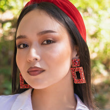 Load image into Gallery viewer, custom beaded Earrings, red jeweled Earrings, red Beaded Earrings, boho earrings, red jeweled earrings, handmade earrings, custom earrings, party accessories, fancy accessories, red embellished earrings, custom earrings, best friend gifts, birthday gifts, bohemian earrings, luxurious handmade accessories, night jewelry, Fancy earrings, boho earrings, beaded earrings, Fancy jeweled earrings, statement earrings, best selling items, statement earrings, handmade gifts, custom gifts