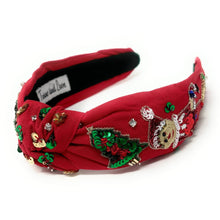 Load image into Gallery viewer, Christmas Jeweled Headband, Holiday Headband, Red Knotted Headband, Christmas Hair Accessories, Red Headband, Best Seller, Elf headband, best selling items, knotted headband, Christmas gifts, Christmas knot Headband, Red hair accessories, Christmas headband, Red holiday headband, Statement headband, embellished knot headband, jeweled knot headband, Red Jeweled headband, red Embellished headband, Christmas Elf embellished headband, Custom headband, Unique headbands, handmade headbands