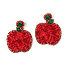 Load image into Gallery viewer, custom beaded Earrings, fruity jeweled Earrings, red apple Beaded Earrings, teacher earrings, teacher jeweled earrings, handmade earrings, custom earrings, bejeweled accessories, teacher jewelry accessories, teacher appreciation gift, teacher gifts, birthday gifts, bohemian earrings, luxurious handmade accessories, party earrings, teacher appreciation week gifts, teaching earrings, rhinestone earrings, embellished earrings, party earrings, statement earrings, best selling items, lightweight earrings