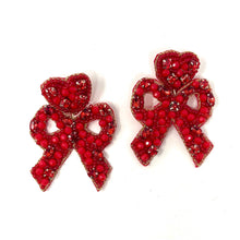 Load image into Gallery viewer, custom beaded Earrings, red jeweled Earrings, red Beaded Earrings, bow earrings, summer jeweled earrings, handmade earrings, custom earrings, party accessories, fancy accessories, bow embellished earrings, custom earrings, best friend gifts, birthday gifts, bohemian earrings, luxurious handmade accessories, night jewelry, Fancy earrings, boho earrings, beaded earrings, bow jeweled earrings, statement earrings, best selling items, statement earrings, handmade gifts, custom gifts, red bow