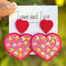 Load image into Gallery viewer, 
Hearts Beaded Earrings, red Heart Earrings, Valentines Day Earrings, Valentines Beaded Earrings, Seed Bead, Valentines Heart earrings, red earrings, red beaded earrings, confetti beaded earrings, Love beaded earrings, valentines beaded earrings, Hearts earrings, fuchsia hearts earrings, holiday gifts, holiday accessories, holiday beaded accessories, Holiday red accessories, Holiday Valentines earrings, Valentines Day gifts, best Selling items, fuchsia earrings, valentines day gifts for her