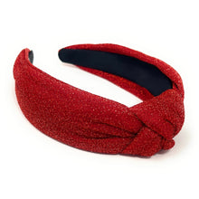 Load image into Gallery viewer, Christmas Headband, Holiday Headbands, red Knot Headband, Red Headbands for Women and Girls, Solid Red Headband, headband for women, red headband, red accessories for Christmas, valentines day headband, red shimmer headband, headband style, top knot headband, top knotted headband, knotted headband, Valentines day knot headband, red top knotted headband, fall headbands, best selling items, Christmas headband, Holiday Lane Plaid headband, Red knotted headband, red accessories, custom headband