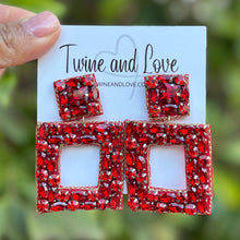 Load image into Gallery viewer, custom beaded Earrings, red jeweled Earrings, red Beaded Earrings, boho earrings, red jeweled earrings, handmade earrings, custom earrings, party accessories, fancy accessories, red embellished earrings, custom earrings, best friend gifts, birthday gifts, bohemian earrings, luxurious handmade accessories, night jewelry, Fancy earrings, boho earrings, beaded earrings, Fancy jeweled earrings, statement earrings, best selling items, statement earrings, handmade gifts, custom gifts