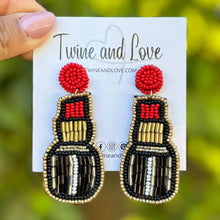 Load image into Gallery viewer, red lipstick beaded Earrings, beaded red Earrings, Taylor red lipstick Earrings, Taylor Swift Earrings, vacation earrings, resort earrings, bachelorette beaded earrings, girlie earrings, unique earrings, red lipstick seed bead earrings, bejeweled accessories, resort accessories, resort beaded earrings, gifts for friend, best friend gifts, birthday gifts, red era earrings, fancy earrings accessory, summer earrings, boho earrings, fancy rhinestone earrings, rhinestone earrings, embellished earrings