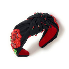 Load image into Gallery viewer, headband for women, red roses Knot headband, Kentucky Derby lover headband, Derby knotted headband, Kentucky Derby top knot headband, Garland of Roses top knotted headband, Dia de los muertos knotted headband, Kentucky Derby hair band, beaded Roses knot headband, red Roses headband, statement headbands, top knotted headband, knotted headband, Kentucky lover gifts, Kentucky derby embellished headband, luxury headband, baseball fan gifts, jeweled knot headband, knot embellished headband