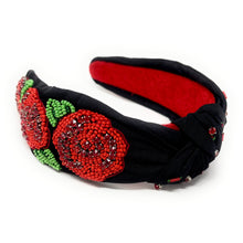 Load image into Gallery viewer, headband for women, red roses Knot headband, Kentucky Derby lover headband, Derby knotted headband, Kentucky Derby top knot headband, Garland of Roses top knotted headband, Dia de los muertos knotted headband, Kentucky Derby hair band, beaded Roses knot headband, red Roses headband, statement headbands, top knotted headband, knotted headband, Kentucky lover gifts, Kentucky derby embellished headband, luxury headband, baseball fan gifts, jeweled knot headband, knot embellished headband