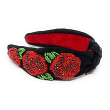 Load image into Gallery viewer, headband for women, red roses Knot headband, Kentucky Derby lover headband, Derby knotted headband, Kentucky Derby top knot headband, Garland of Roses top knotted headband, Dia de los muertos knotted headband, Kentucky Derby hair band, beaded Roses knot headband, red Roses headband, statement headbands, top knotted headband, knotted headband, Kentucky lover gifts, Kentucky derby embellished headband, luxury headband, baseball fan gifts, jeweled knot headband, knot embellished headband