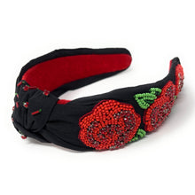 Load image into Gallery viewer, headband for women, red roses Knot headband, Kentucky Derby lover headband, Derby knotted headband, Kentucky Derby top knot headband, Garland of Roses top knotted headband, Dia de los muertos knotted headband, Kentucky Derby hair band, beaded Roses knot headband, red Roses headband, statement headbands, top knotted headband, knotted headband, Kentucky lover gifts, Kentucky derby embellished headband, luxury headband, baseball fan gifts, jeweled knot headband, knot embellished headband