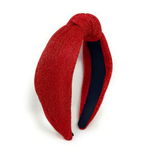 Load image into Gallery viewer, Christmas Headband, Holiday Headbands, red Knot Headband, Red Headbands for Women and Girls, Solid Red Headband, headband for women, red headband, red accessories for Christmas, valentines day headband, red shimmer headband, headband style, top knot headband, top knotted headband, knotted headband, Valentines day knot headband, red top knotted headband, fall headbands, best selling items, Christmas headband, Holiday Lane Plaid headband, Red knotted headband, red accessories, custom headband