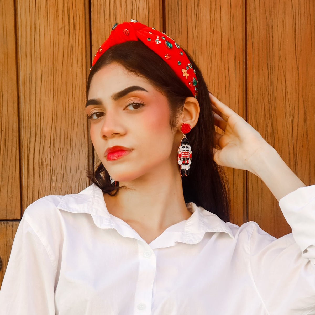147. The Brooke Shade Merry Red FairIsle Sweater Low Knot Headband Hope Chunky Knit Headband | Hope Macaulay main image 3