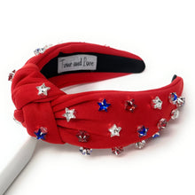 Load image into Gallery viewer, Americana Jeweled Headband, Patriotic Knotted Headband, Star Knotted Headband, Americana Hair Accessories, Red White Headband, Best Seller, headbands for women, best selling items, knotted headband, hairbands for women, hair accessories, Independence day gifts, Independence day Headband, Memorial day hair accessories, American headband, USA flag headband, Fourth of July headband, Fourth of July gifts, red white headband, star knot headband, Jeweled headband, USA Jeweled headband, USA Headband