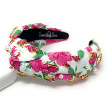 Load image into Gallery viewer, headband for women, summer Knot headband, Summer lover headband, floral knotted headband, pink rose top knot headband, pink  top knotted headband, white knotted headband, pink rose headband, rose print hair band, flowers knot headbands, flowers headband, statement headbands, top knotted headband, knotted headband, Roses hair accessories, embellished headband, gemstone knot headband, luxury headband, embellished knot headband, jeweled knot headband, summer knot embellished headband