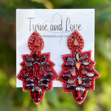 Load image into Gallery viewer, custom beaded Earrings, Unique jeweled Earrings, dark red Beaded Earrings, boho earrings, red jeweled earrings, handmade earrings, custom earrings, party accessories, fancy accessories, red embellished earrings, custom earrings, best friend gifts, birthday gifts, bohemian earrings, luxurious handmade accessories, night jewelry, Fancy earrings, boho earrings, beaded earrings, Fancy jeweled earrings, statement earrings, best selling items, dark red embellished earrings, handmade gifts