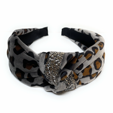 Load image into Gallery viewer, headband for woman, fashion headbands, womens headband, headbands for women, stylish headbands, headband style, top knot headband, woven top knot headband, head band, hair band, trendy headbands, raffia woven headband, women top knot headband, summer headbands, beige headband, beige top knot headband, handmade headbands, top knotted headband, knotted headband, leopard print headband, brown top knotted headband, leopard headband, velour headbands, leopard velvet headbands, best selling items