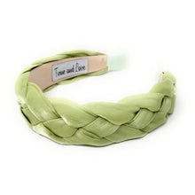 Load image into Gallery viewer, green braided headband, headbands for women, lime headband, green sheer headband, best selling items, lime green headband, braided headband, oriental accessories, best seller, green satin fabric headband, green accessories, handmade headband, custom headband, boho headband, summer spring headband, soft green headband, custom headband, handmade headband, winter headband, autumn headbands, best selling items, lime green headband