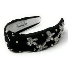 Load image into Gallery viewer, hand beaded Headband, bow beaded knot Headband, silver color bow top Knot Headband, bow Knot Headband, custom Knotted Headband, embellished knotted headband, birthday gifts, headbands for women, boho knotted headband, hair accessories, party knot headband, bow knot headband, bachelorette headband, Bachelorette gifts, custom headband, handmade headband, boho headband, handmade knot headband, statement headband, best selling items, birthday gifts for her, silver black headband, preppy headband