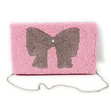 Load image into Gallery viewer, pink beaded clutch purse, pink bead purse, beaded bag, bow handbag, beaded bag, bow seed bead clutch, birthday gift for her, clutch bag, seed bead purse, engagement gift, party clutches, pink purse, gifts to bride, wedding gift, evening bags, cancer awareness beaded clutch purse, birthday gift for her, summer clutch, silver bow clutch purse, beaded bag, summer bag, boho purse, bow beaded clutch purse, unique bags, best selling items, handmade gifts, handmade bag purse, silver bow purse, custom purse