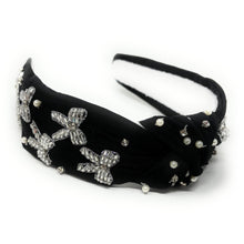 Load image into Gallery viewer, hand beaded Headband, bow beaded knot Headband, silver color bow top Knot Headband, bow Knot Headband, custom Knotted Headband, embellished knotted headband, birthday gifts, headbands for women, boho knotted headband, hair accessories, party knot headband, bow knot headband, bachelorette headband, Bachelorette gifts, custom headband, handmade headband, boho headband, handmade knot headband, statement headband, best selling items, birthday gifts for her, silver black headband, preppy headband