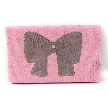 Load image into Gallery viewer, pink beaded clutch purse, pink bead purse, beaded bag, bow handbag, beaded bag, bow seed bead clutch, birthday gift for her, clutch bag, seed bead purse, engagement gift, party clutches, pink purse, gifts to bride, wedding gift, evening bags, cancer awareness beaded clutch purse, birthday gift for her, summer clutch, silver bow clutch purse, beaded bag, summer bag, boho purse, bow beaded clutch purse, unique bags, best selling items, handmade gifts, handmade bag purse, silver bow purse, custom purse