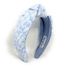 Load image into Gallery viewer, headbands for women, tweed headband, handmade headbands, top knotted headband, knotted headband, hair band for women, blue headband, tweed headband, neutral headband for women, winter headband, tweed knot headband for women, knotted jeweled headband, bling headband, fall winter knot headband, luxury knot headband, plaid tweed headband, tweed knotted headband, fall hair accessories, soft blue tweed, blue tweed, winter headbands, neutral tweed headband, tweed plaid headband, tweed accessories