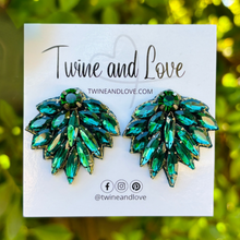 Load image into Gallery viewer, custom beaded Earrings, Unique jeweled Earrings, green Beaded Earrings, boho earrings, green jeweled earrings, handmade earrings, custom earrings, party accessories, fancy accessories, green embellished earrings, custom earrings, best friend gifts, birthday gifts, bohemian earrings, luxurious handmade accessories, night jewelry, Fancy earrings, boho earrings, beaded earrings, Fancy jeweled earrings, emerald color earrings, best selling items, statement earrings, handmade gifts, custom gifts