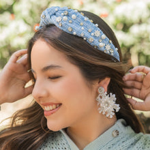 Load image into Gallery viewer, Christmas Jeweled Headband, Christmas Knotted Headband, Blue tweed Knotted Headband, Christmas Hair Accessories, Holiday Knotted Headband, Best Seller, headbands for women, best selling items, knotted headband, hairbands for women, Christmas gifts, Christmas knot Headband, Tweed hair accessories, Snowflake Jeweled Knotted headband, Statement headband, Blue Tweed Headband, embellished knot headband, jeweled knot headband, Blue Jeweled headband, Tweed Embellished headband, Christmas embellished headband