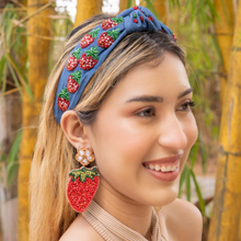 Load image into Gallery viewer, headband for women, blue Knot headband, denim strawberry lover headband, denim knotted headband, denim top knot headband, strawberry top knotted headband, denim knotted headband, strawberry hair band, blue knot headbands, denim color headband, statement headbands, top knotted headband, knotted headband, strawberry love gifts, strawberry embellished headband, gemstone knot headband, luxury headband, embellished knot headband, jeweled knot headband, strawberry knot headband