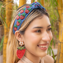 Load image into Gallery viewer, Strawberry beaded Earrings, beaded Earrings, Strawberry Earrings, fruit Beaded Earrings, fruit bead earrings, Strawberry bead earrings, red beaded earrings, Statement earrings, handmade earrings, custom earrings, bejeweled accessories, fancy accessories, Strawberry color earrings, gifts for mom, best friend gifts, birthday gifts, bohemian earrings, fancy earrings accessory, summer earrings, fruity earrings, boho earrings, rhinestone earrings, embellished earrings