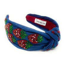 Load image into Gallery viewer, headband for women, blue denim Knot headband, denim strawberry lover headband, denim knotted headband, denim top knot headband, strawberry top knotted headband, denim knotted headband, strawberry hair band, blue knot headbands, denim color headband, statement headbands, top knotted headband, knotted headband, strawberry love gifts, strawberry embellished headband, gemstone knot headband, luxury headband, embellished knot headband, jeweled knot headband, strawberry knot headband