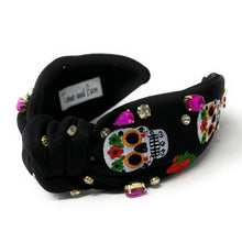 Load image into Gallery viewer, Halloween Jeweled Headband, Sugar Skull Knotted Headband, dia de los Muertos accessories, Black Headband, Day of the Death Hair Accessories, La Catrina Headband, Best Selling items, Sugar skull headband, Sugar Skull jeweled headband, black knotted headband, Halloween gifts, halloween knot Headband, halloween accessories, Halloween headband, Statement headband, Dia de los Muertos gifts, jeweled knot headband, Skull headband, Catrina Embellished headband, Day of the Death embellished headband