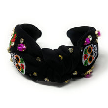 Load image into Gallery viewer, Halloween Jeweled Headband, Sugar Skull Knotted Headband, dia de los Muertos accessories, Black Headband, Day of the Death Hair Accessories, La Catrina Headband, Best Selling items, Sugar skull headband, Sugar Skull jeweled headband, black knotted headband, Halloween gifts, halloween knot Headband, halloween accessories, Halloween headband, Statement headband, Dia de los Muertos gifts, jeweled knot headband, Skull headband, Catrina Embellished headband, Day of the Death embellished headband