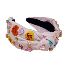 Load image into Gallery viewer, VALENTINES's day Jeweled Headband, Valentine’s Day Headband, Heart Candy Jeweled Knot Headband, Jeweled Knot Headbands, Valentines Day Knotted Headband, best selling headband, birthday gift for her, headbands for women, best selling items, knotted headbands, vday headband, purple knot headband, valentine headband, valentines headband, valentines day gifts, embellished headband, heart stud headband, Heart candy headband, pink hearts headband, handmade headband, hearts knot headband, custom headband