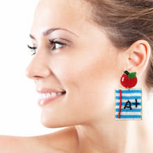 Load image into Gallery viewer, custom beaded Earrings, teacher jeweled Earrings, apple Beaded Earrings, teacher earrings, teacher jeweled earrings, handmade earrings, custom earrings, bejeweled accessories, teacher jewelry accessories, teacher appreciation gift, teacher gifts, birthday gifts, bohemian earrings, luxurious handmade accessories, party earrings, teacher appreciation week gifts, teaching earrings, rhinestone earrings, embellished earrings, party earrings, statement earrings, best selling items, lightweight earrings