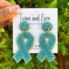 Load image into Gallery viewer, teal ribbon Beaded Earrings, beaded lavender Earrings, teal color Earrings, support cancer awareness Beaded Earrings, cancer ribbon earrings, support ovarian awareness earrings, cervical cancer ribbon earrings, uterine cancer awareness earrings, Beaded earrings, ovarian cancer ribbon earrings, teal ribbon bead earrings, teal ribbon accessories, cancer awareness accessories, support ovarian cancer awareness earrings, gifts for mom, best friend gifts, birthday gifts, teal earrings, teal beaded earrings, suppo