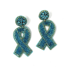Load image into Gallery viewer, teal ribbon Beaded Earrings, beaded lavender Earrings, teal color Earrings, support cancer awareness Beaded Earrings, cancer ribbon earrings, support ovarian awareness earrings, cervical cancer ribbon earrings, uterine cancer awareness earrings, Beaded earrings, ovarian cancer ribbon earrings, teal ribbon bead earrings, teal ribbon accessories, cancer awareness accessories, support ovarian cancer awareness earrings, gifts for mom, best friend gifts, birthday gifts, teal earrings, teal beaded earrings, suppo