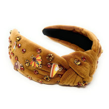 Load image into Gallery viewer, Thanksgiving Jeweled Headband, Thanksgiving headband, Autumn Hair Accessories, Autumn Headband, knot headband, boho headband, best selling items, Fall knotted headband, hairbands for women, Thanksgiving gifts,  Fall knot Headband, Thanksgiving accessories, corduroy headband, Fall corduroy headband, Statement headband, Turkey gifts, jeweled knot headband, Jeweled headband, Thanksgiving party, Embellished headband, Autumn embellished headband, bejeweled headband