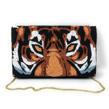 Load image into Gallery viewer, Beaded purse, tiger beaded clutch purse, GameDay Purse, Tiger Beaded clutch bag, College GameDay clutch, Tiger Purse, Tiger Purse, Geaux tigers team, college coin purse, college beaded clutch, beaded purse, best friend gift, Tiger college bag, college gameday gift, geaux tigers clutch, Tiger pouch, hotty toddy coin purse, hotty toddy coin pouch, Geaux gifts, hotty toddy fan, college gifts, college football coin purse, LSU college, Geaux tigahs, college football bag, crossbody tiger bag