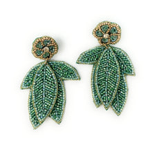 Load image into Gallery viewer, custom beaded Earrings, jeweled Earrings, Green leaves Beaded Earrings, leaves earrings, summer jeweled earrings, handmade earrings, custom earrings, resort accessories, fancy accessories, leaves embellished earrings, custom earrings, best friend gifts, birthday gifts, bohemian earrings, luxurious handmade accessories, party earrings, Fancy earrings, boho earrings, beaded earrings, multicolor embellished earrings, Fancy jeweled earrings, statement earrings, best selling items, statement earrings, handmade g