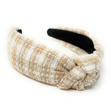 Load image into Gallery viewer, headbands for women, tweed headband, handmade headbands, top knotted headband, knotted headband, hair band for women, ivory headband, tweed headband, neutral headband for women, winter headband, tweed knot headband for women, knotted jeweled headband, bling headband, fall winter knot headband, luxury knot headband, plaid tweed headband, tweed knotted headband, fall hair accessories, soft beige tweed, neutral tweed, winter headbands, neutral tweed headband, tweed plaid headband, tweed accessories