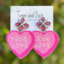 Load image into Gallery viewer, True Love Heart Candy Beaded Earrings, Heart Candy Earrings Valentines Day Earrings, Valentines Beaded Earrings, sweethearts Conversation heart earrings, Valentines Heart earrings, Purple earrings, valentine’s day beaded earrings, Purple heart beaded earrings, valentines beaded earrings, Hearts earrings, Valentine’s day earrings, valentines day gifts, tween girls accessories, Valentine’s day accessories, Best friend gifts, Best selling items, boho earrings, custom earrings, unique earrings, unique gifts
