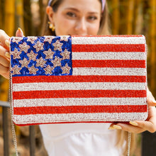 Load image into Gallery viewer, USA Flag Beaded Clutch, Star American USA Flag Seed Bead Cross body Clutch Bag, Beaded Flag Purse, 4th of July Gift, Patriotic Clutch Purse, USA patriotic beaded clutch, patriotic Accessories, USA Clutch Bag, American Flag print, American Flag clutch, American Flag Purse, Beaded Clutch Purse, Patriotic Purse, Gifts for her, Best selling items, red white and blue accessories, beaded crossbody, beaded purse, White blue purse, USA stars purse, Americana purse, Patriotic bag