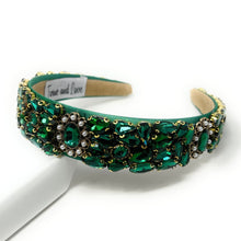 Load image into Gallery viewer, headband for women, fall headband, emerald color headband, fall winter headband, green headband, bridal headband, bridal accessories, green color hairband, green hair band, unique green headband, unique headband, statement headbands, green bridal headband, baroque headband, green hair accessories, unique baroque headband, gemstone headband, luxury headband, embellished headband, dainty headband, baroque embellished headband, custom headband, green jeweled headband