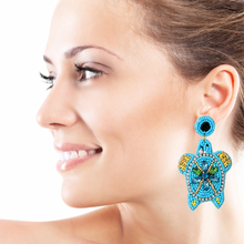 Load image into Gallery viewer, custom beaded Earrings, sea turtle jeweled Earrings, sea turtle Beaded Earrings, summer jeweled earrings, handmade unique earrings, custom earrings, beach accessories, beach accessories, embellished earrings, custom earrings, best friend gifts, birthday gifts, bohemian earrings, luxurious handmade accessories, beach jewelry, Fancy earrings, boho earrings, beaded earrings, beach jeweled earrings, statement earrings, best selling items, beach accessories, handmade gifts, custom gifts, sea turtle earrings