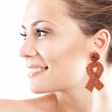 Load image into Gallery viewer, orange ribbon Beaded Earrings, beaded gold Earrings, gold color Earrings, kidney cancer awareness Beaded Earrings, leukemia ribbon earrings, leukemia awareness earrings, kidney cancer ribbon earrings, cancer awareness earrings, Beaded earrings, leukemia cancer ribbon earrings, kidney bead earrings, ribbon accessories, Leukemia cancer awareness accessories, support cancer awareness earrings, gifts for mom, best friend gifts, birthday gifts, gold earrings, kidney beaded earrings, support leukemia cancer aware