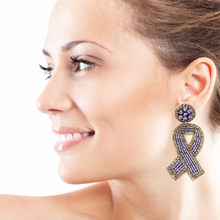Load image into Gallery viewer, lavender ribbon Beaded Earrings, beaded lavender Earrings, lavender color Earrings, support cancer awareness Beaded Earrings, cancer ribbon earrings, support awareness earrings, cancer ribbon earrings, cancer awareness earrings, Beaded earrings, purple cancer ribbon earrings, purple bead earrings, ribbon accessories, cancer awareness accessories, support cancer awareness earrings, gifts for mom, best friend gifts, birthday gifts, lavender earrings, purple beaded earrings, support cancer awareness accessorie