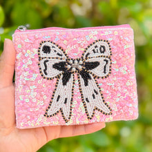 Load image into Gallery viewer, pink bow beaded Coin Purse Pouch, Beaded Coin Purse, white black bow Purse, bow Beaded Purse, Summer Coin Purse, Best Friend Gift, Boho bags, Wallets for her, boho gifts, boho pouch, boho accessories, best friend gifts, tween girl gifts, pink beaded coin pouch, miscellaneous gifts, best seller, best selling items, bachelorette gifts, birthday gifts, preppy beaded wallet, party favors, bachelorette bag, money pouch, wallets for girls, bohemian wallet, batch gifts, mother’s day gift, sequin bow, handmade gift