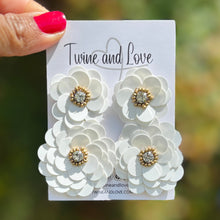 Load image into Gallery viewer, custom beaded Earrings, white jeweled Earrings, white sequin Earrings, boho earrings, white floral earrings, handmade earrings, custom earrings, party accessories, fancy accessories, iridescent lightweight earrings, custom earrings, best friend gifts, birthday gifts, bohemian earrings, luxurious handmade accessories, night jewelry, Fancy earrings, boho earrings, beaded earrings, Fancy jeweled earrings, statement earrings, best selling items, statement earrings, handmade gifts, custom gifts for her, lightwei